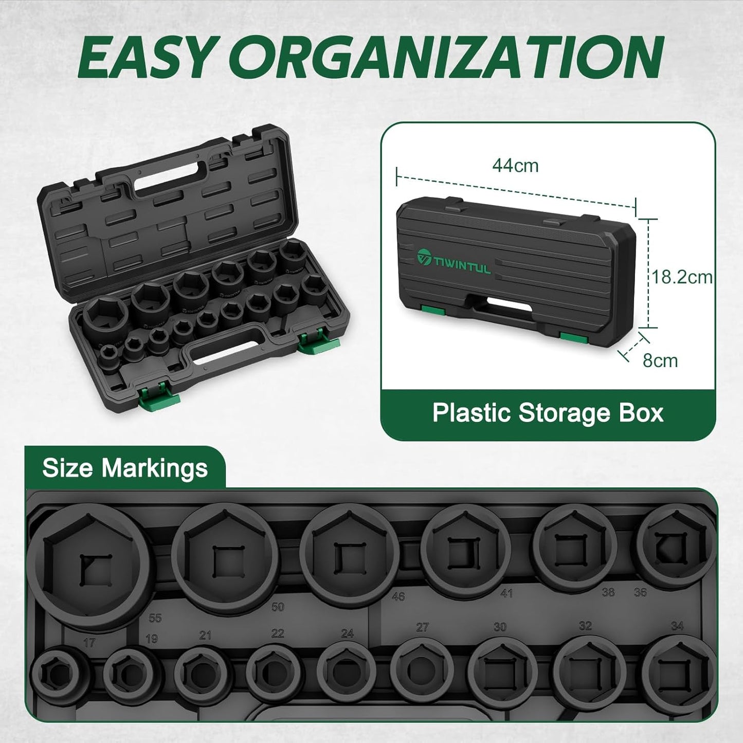 3/4 Inch Drive Impact Socket Set, 15 Pieces Heavy Duty 6-Point CR-MO Steel Impact Sockets, Metric Sizes 17-55 mm, Impact Socket Set for Auto, Truck and Large Machinery Maintenance