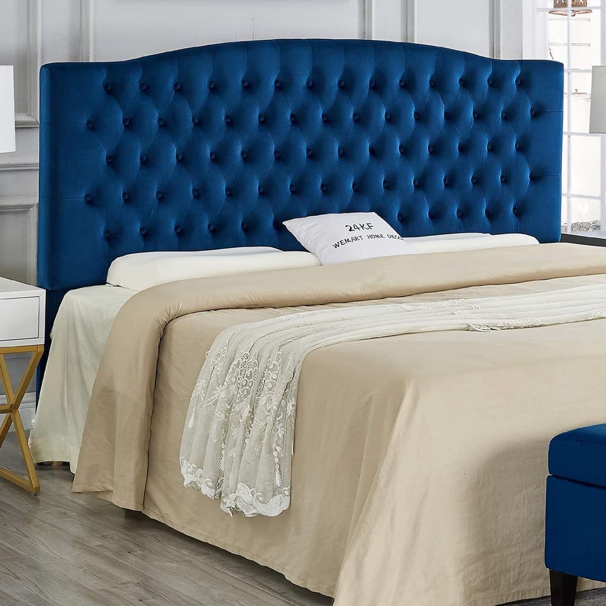 24KF Upholstered Tufted Button Linen Fabric Headboard,Comfortable Fashional Headboard King/CA King Size,Ivory