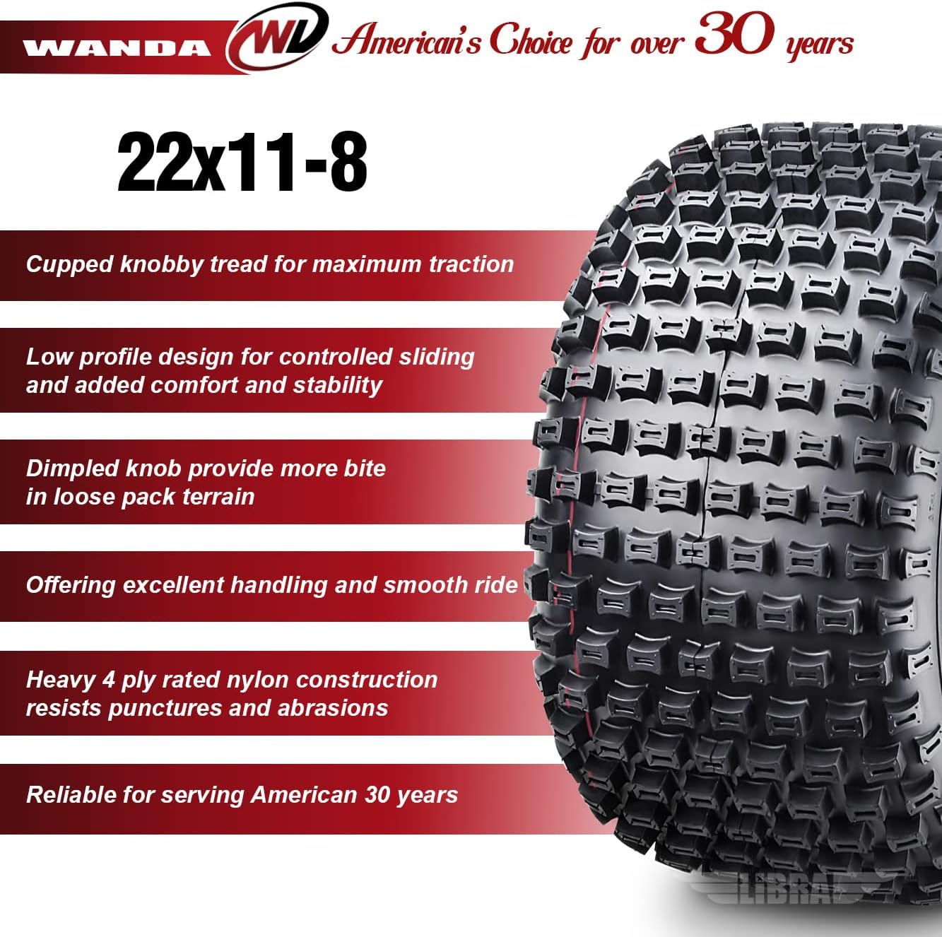 WANDA 3 New 3 Wheeler ATV Tires 22X11-8 4PR P322 Dimple Knobby - 10026