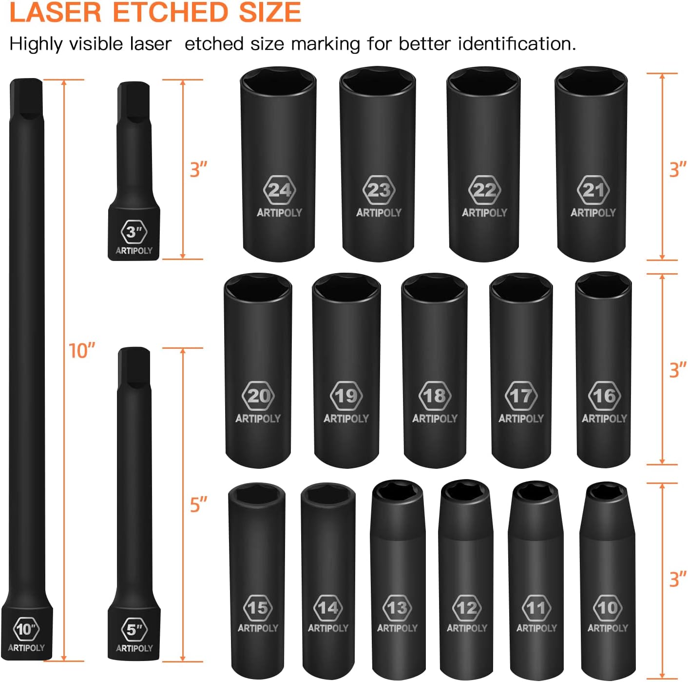 20 Pieces 1/2" Drive Metric Deep Impact Socket Set,10mm-24mm no skip, Includes Extension Bars, Universal Joint and Adapter, 6 Point Design, Meets ANSI Standards