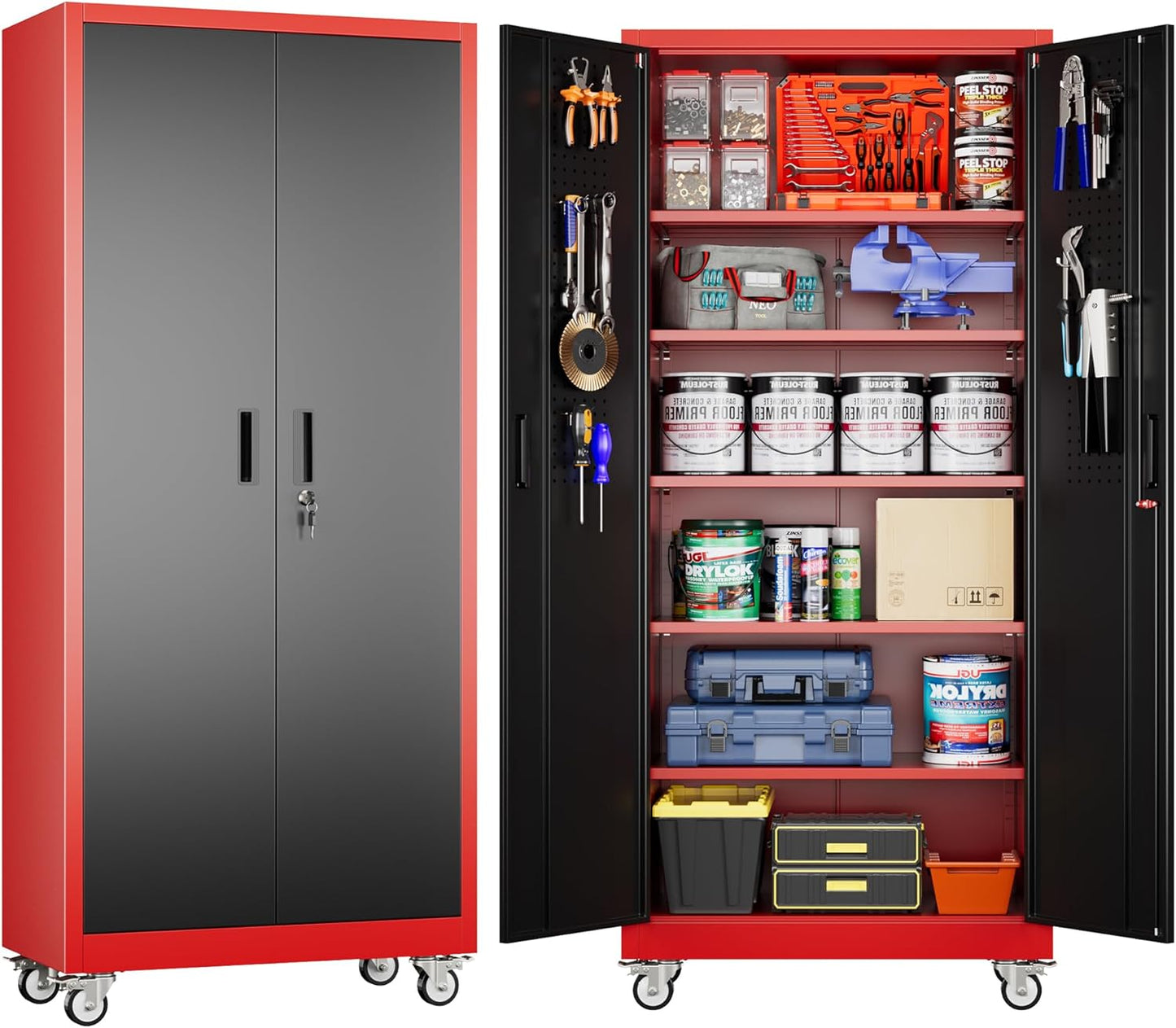 71" H Broom Storage Cabinet with Wheels and Doors,Rolling Tool Cabinet with Pegboard,Shelves and Rod for Garage Warehouse Home,Required Assembly,Black