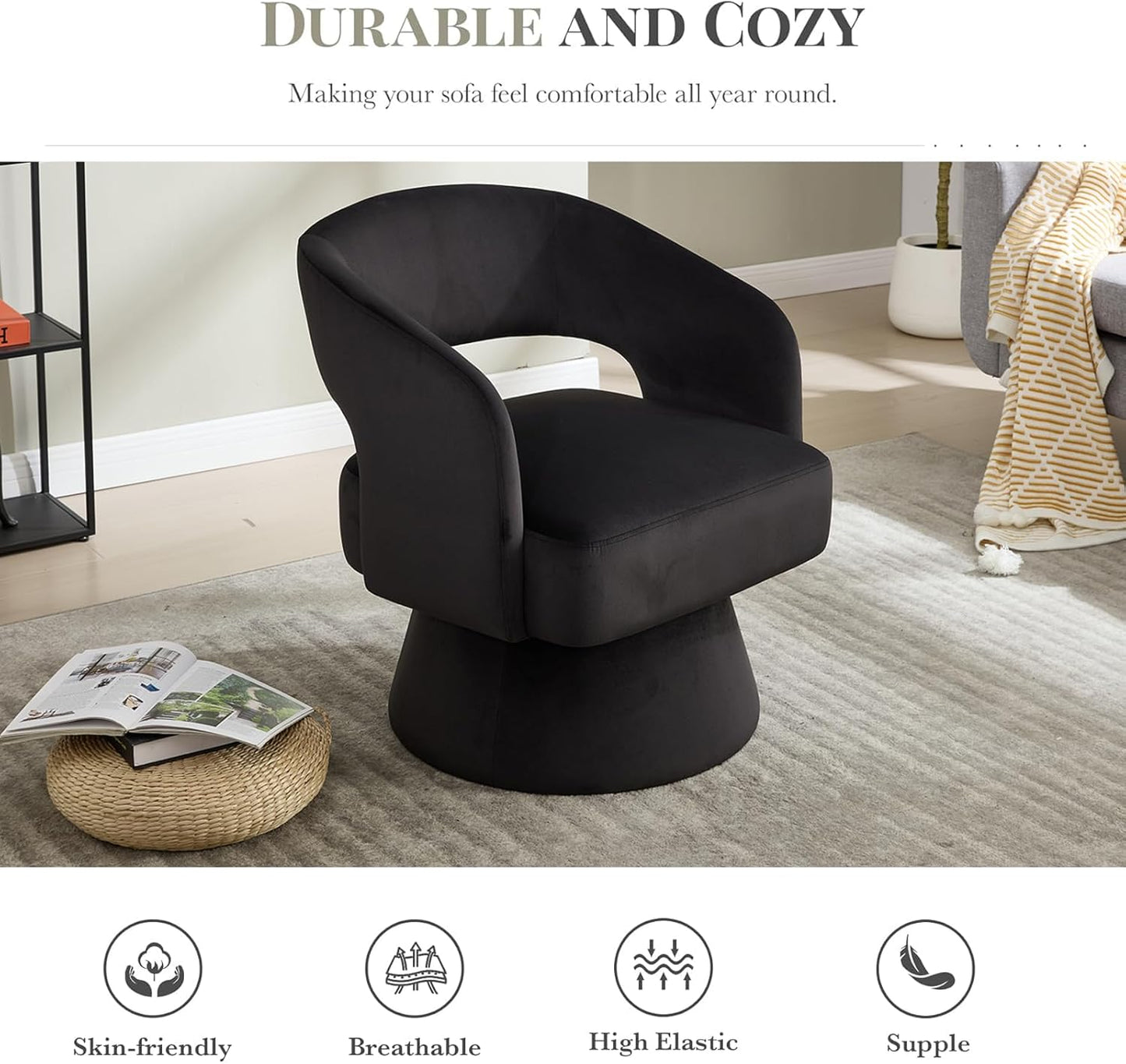 Swivel Accent Chair Set of 2, 360 Degree Rotating Barrel Accent Chair Velvet Upholstered Living Room Chair with Ergonomic Open Backrest Mid Century Modern Single Sofa for Bedroom (Black)