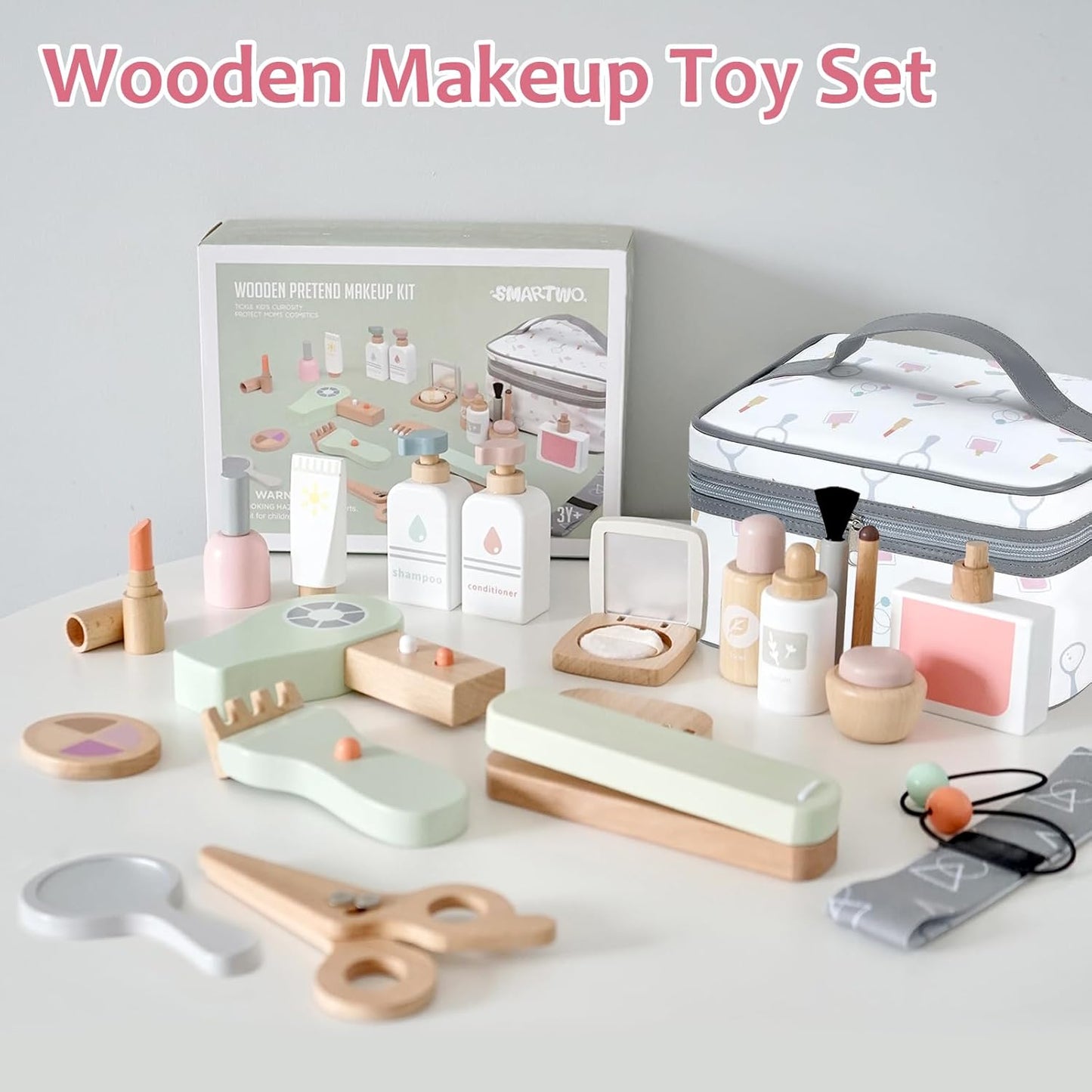 22 PCS Wooden Makeup Toy Set for Toddler Pretend Play,Wood Beauty Salon Toys Cute Wooden Makeup Kit with Realistic Accessories Gift for Girls 3 4 5 6