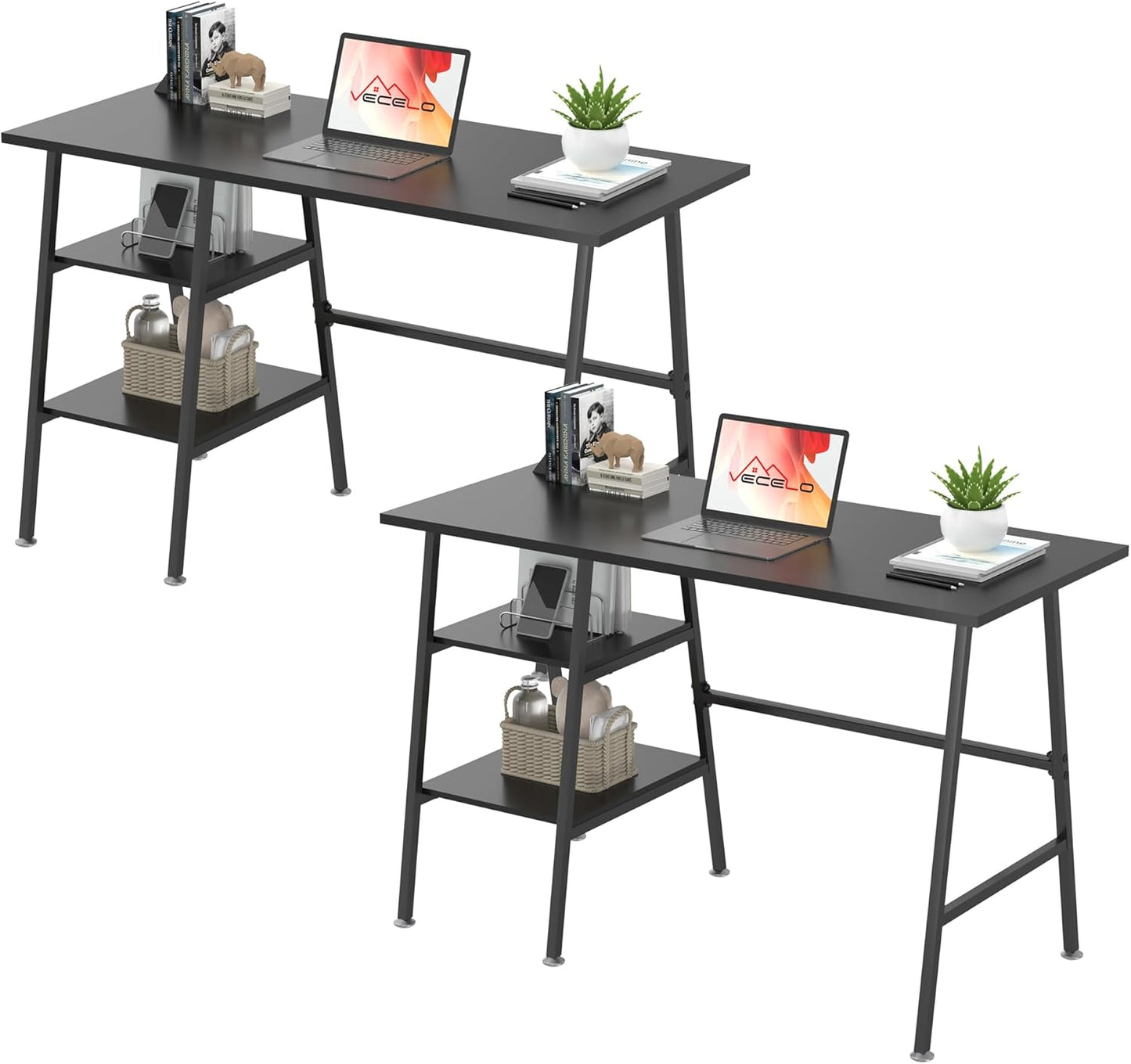 VECELO 43.1 Inch Computer Desk Home Office Black Study Desk Work Office Table with Shelves Wooden Desk for Bedroom