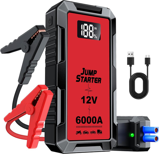Car Jump Starter 6000A, 12V Jump Starter Battery Pack (All Gas,up to 10.0L Diesel Engine) Jumper Cables Portable Lithium Jump Box, USB Output and LED Light