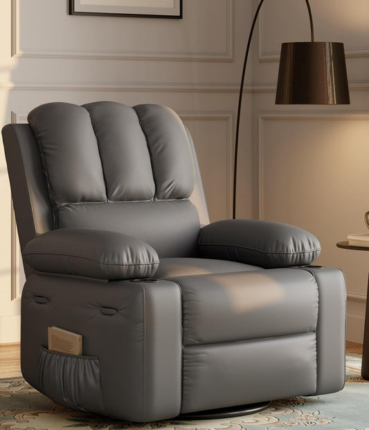 22'' Manual Recliner Chair for Adults, PU Leather Recliner with Cup Holders and Side Pockets, Ergonomic Design for Nursery, Living Room, Bedroom, and Home Theater, Grey