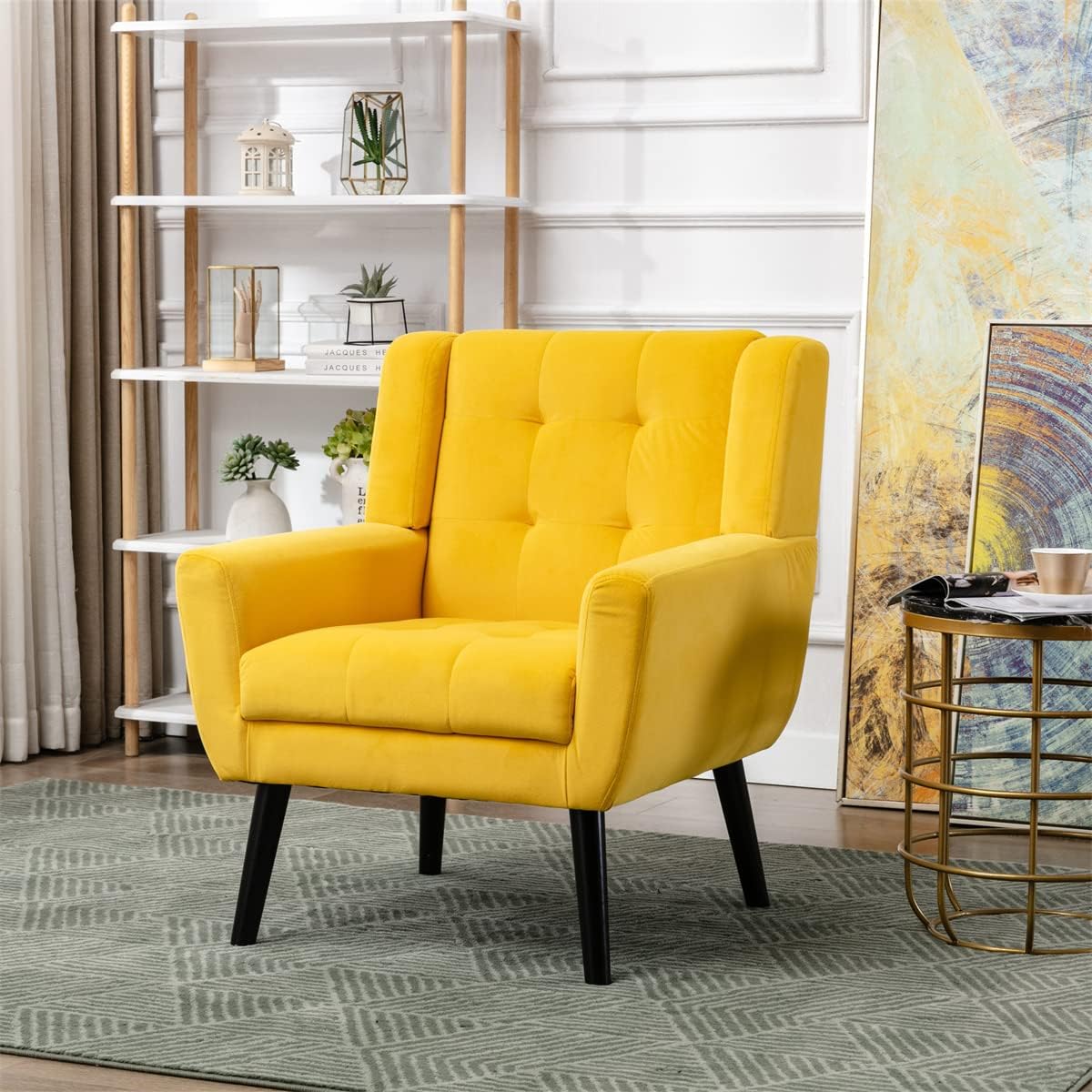 Velvet Accent Armchair,Upholstered Fabric Living Room Chair Ergonomics Chair Home Chair with Solid Black Legs,Tufted Back Decorative Chair Reading Chair for Indoor Home Living Room,Pink