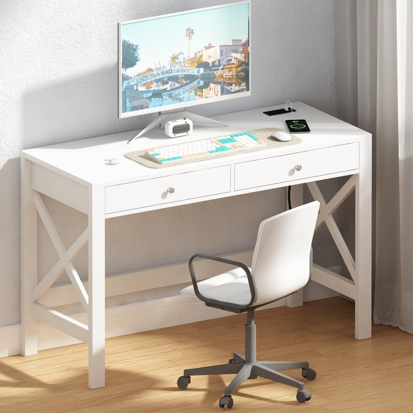 ChooChoo Computer Desk with USB Charging Ports and Power Outlets, 39" White Desk with Drawers, Small Study Writing Table with Stable X Frame for Home Office