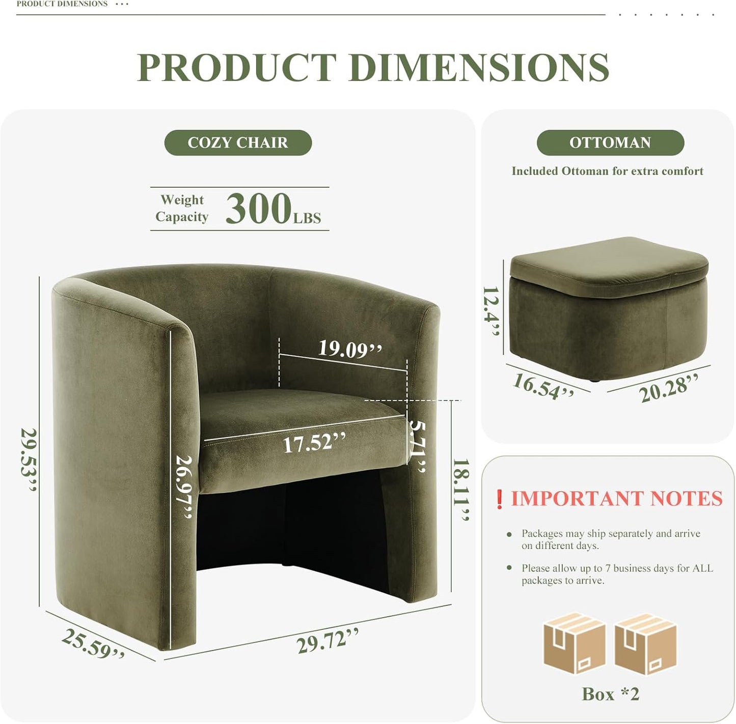 COLAMY Upholstered Velvet Barrel Accent Chair with Storage Ottoman Set of 2, Morden Living Room Side Chair, Single Sofa Armchair with Lounge Seat for Bedroom/Office/Reading Spaces, Green