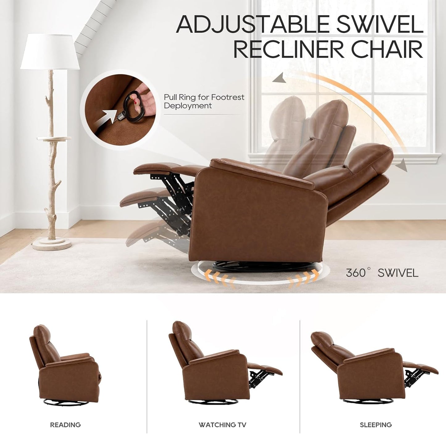 COLAMY Recliner Chair, Living Room Sofa Home Theater Seat PU Leather Couch with Footrest Cushion, Swivel Rocker Modern Bedroom Glider Chairs, Cocoa