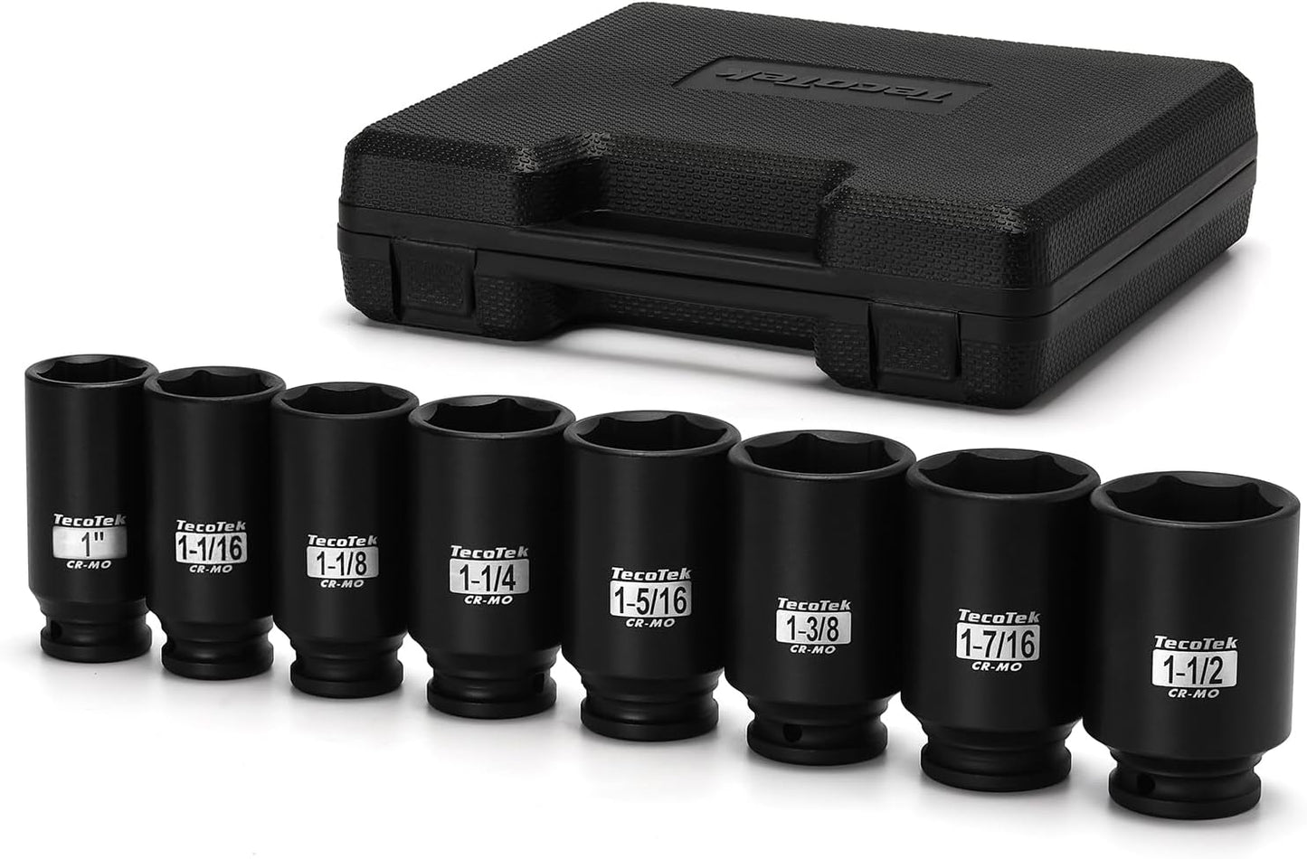 1/2" Drive Deep 6-Point Impact Socket Set, 11-Piece Standard SAE Spindle Axle Nut Impact Socket Set, Cr-Mo, 1-3/8-Inch to 2-Inch Size