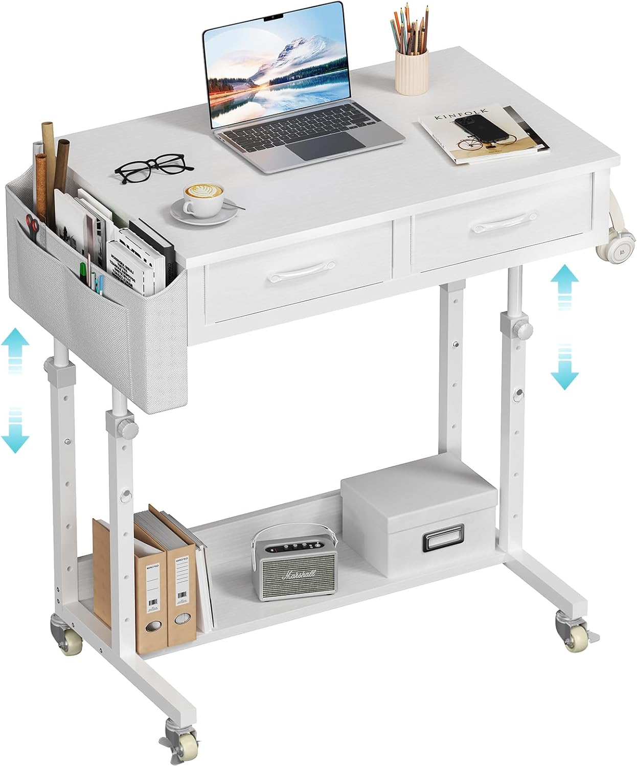 White Portable Rolling Computer Desk - 40 Inch Adjustable Mobile Standing Teacher Desks with 3 Fabric Drawers on Wheels, Couch Sofa Side Laptop Stand Up Table with Storage for Home Office, White