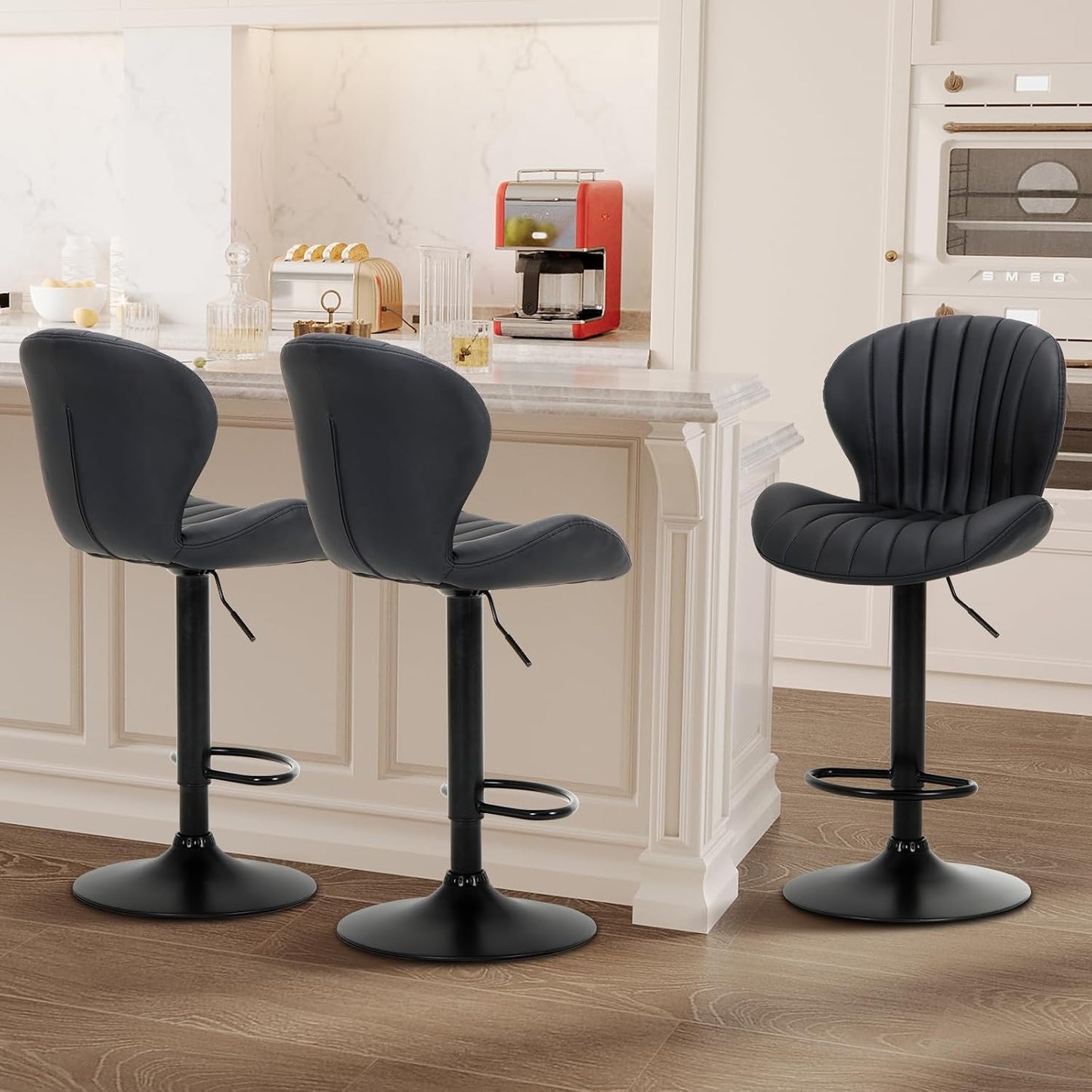 COLAMY Bar Stools Set of 2, Modern Swivel Bar Chairs, Adjustable Faux Leather Upholstered Barstools Counter Height with High Backrest for Bar, Kitchen Island, Dining Room, Black