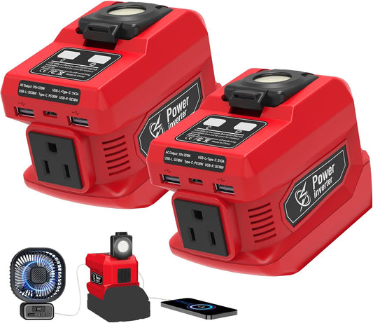 2 Pack 220W Power Inverter Compatible with Milwaukee 18V Battery, DC 18V to AC 110V-120V Portable Power Generator, Inverter with 2 USB Ports 1 Type-C 1 AC Outlet, 400 Lumen Light