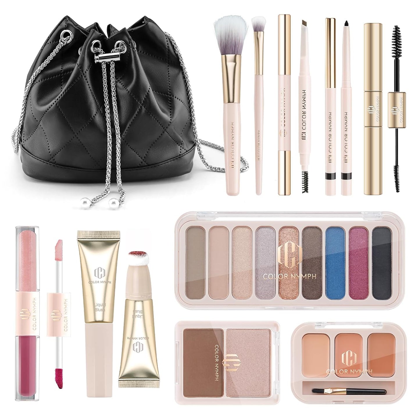 Color Nymph Makeup Set for Teens Girls with Cosmetic Bag, Full Face Makeup Kit For Women included 9 Color Eyeshadow Palette Concealer Liquid Blush Eyeliner Lipgloss