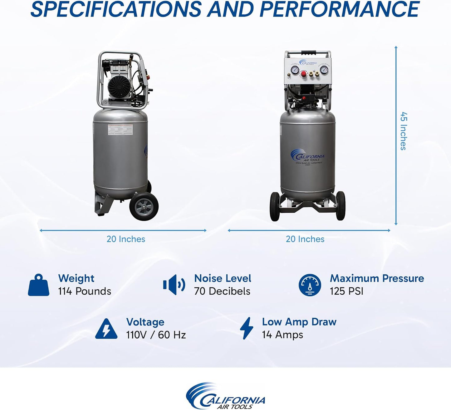 California Air Tools 20020 2.0 HP Ultra Quiet and Oil-Free Air Compressor with Wheels, 20 Gallon Tank Capacity, 70 dB Noise Level, Electric, Portable