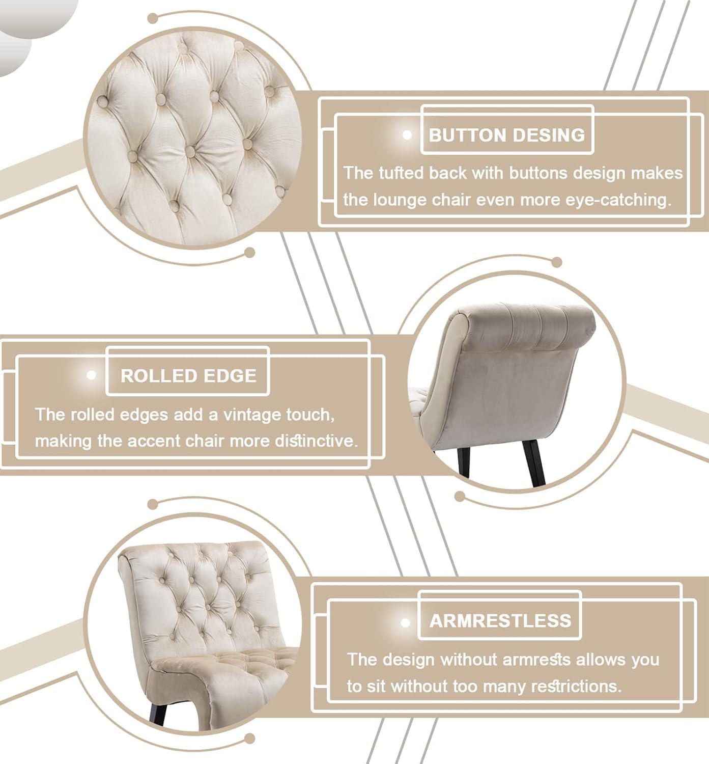 Comfy Velvet Accent Chair Set of 2, Upholstered Armless Side Chair for Living Room, Modern Small Lounger with Tufted Back and Rolled Edge Design, Comfy Chaise Lounge with Rubber Wood Legs, Beige