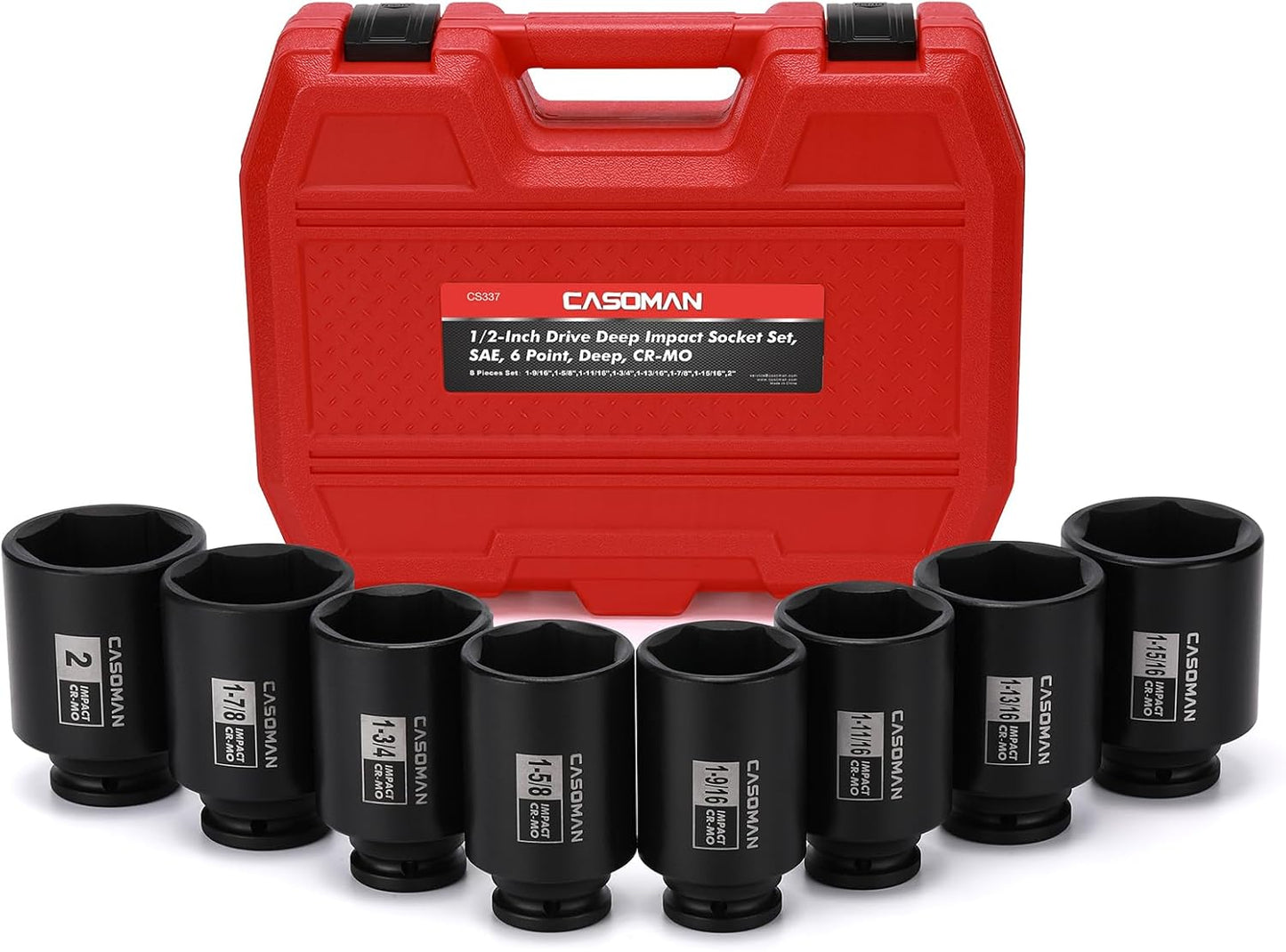 CASOMAN 8PCS 1/2"Dr. Deep Impact Socket Set-SAE, 1-9/16" to 2", 6-Point, Spindle Axle Nut Impact Socket Set, CR-MO, Impact Grade