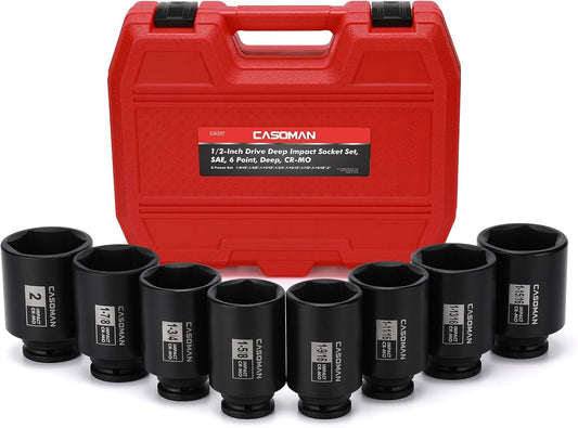 CASOMAN 8PCS 1/2"Dr. Deep Impact Socket Set-SAE, 1-9/16" to 2", 6-Point, Spindle Axle Nut Impact Socket Set, CR-MO, Impact Grade