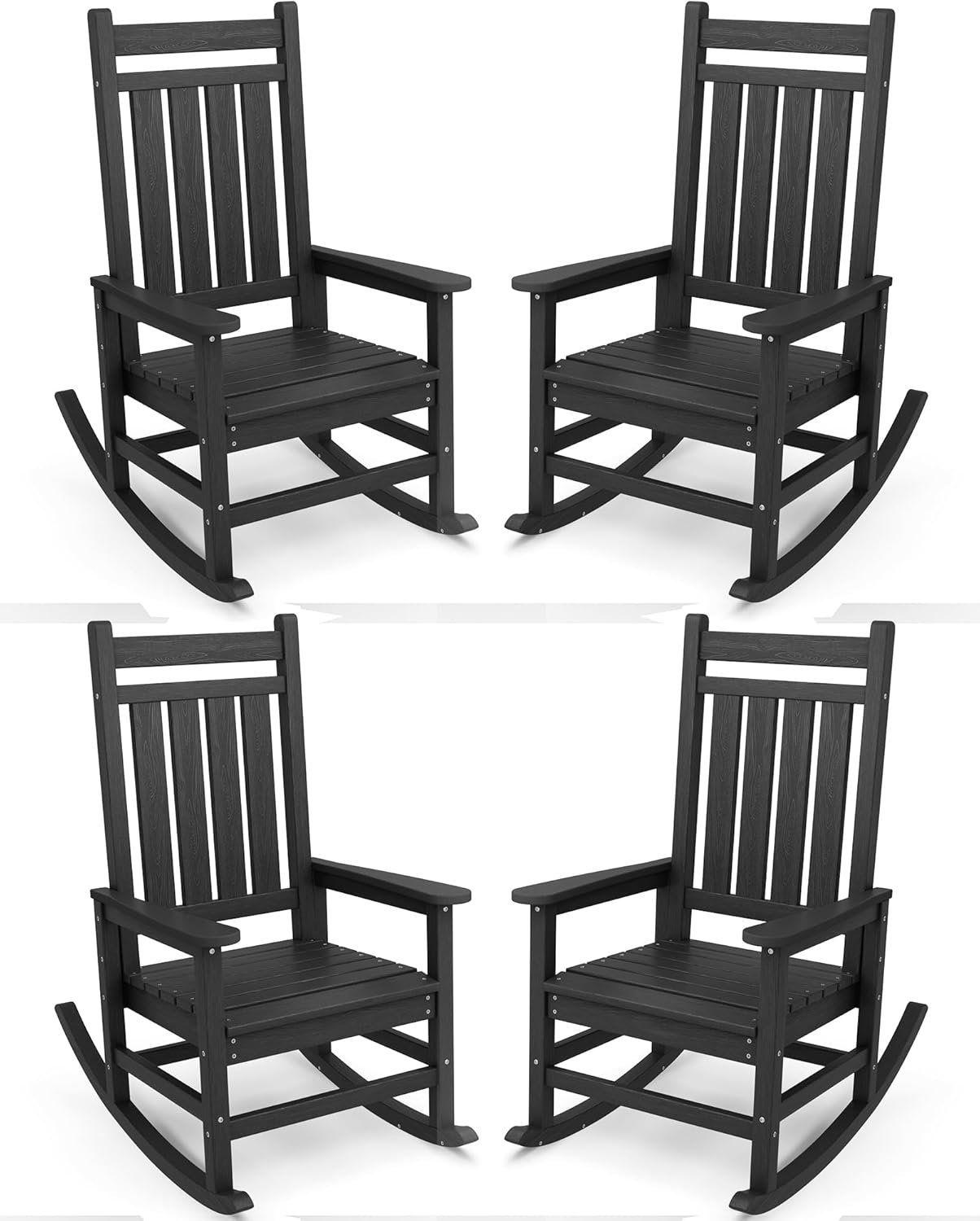 SERWALL Oversized Outdoor Rocking Chair Set of 4, HDPE Rocker for Adults, Patio Rocking Chairs for Porch, Black