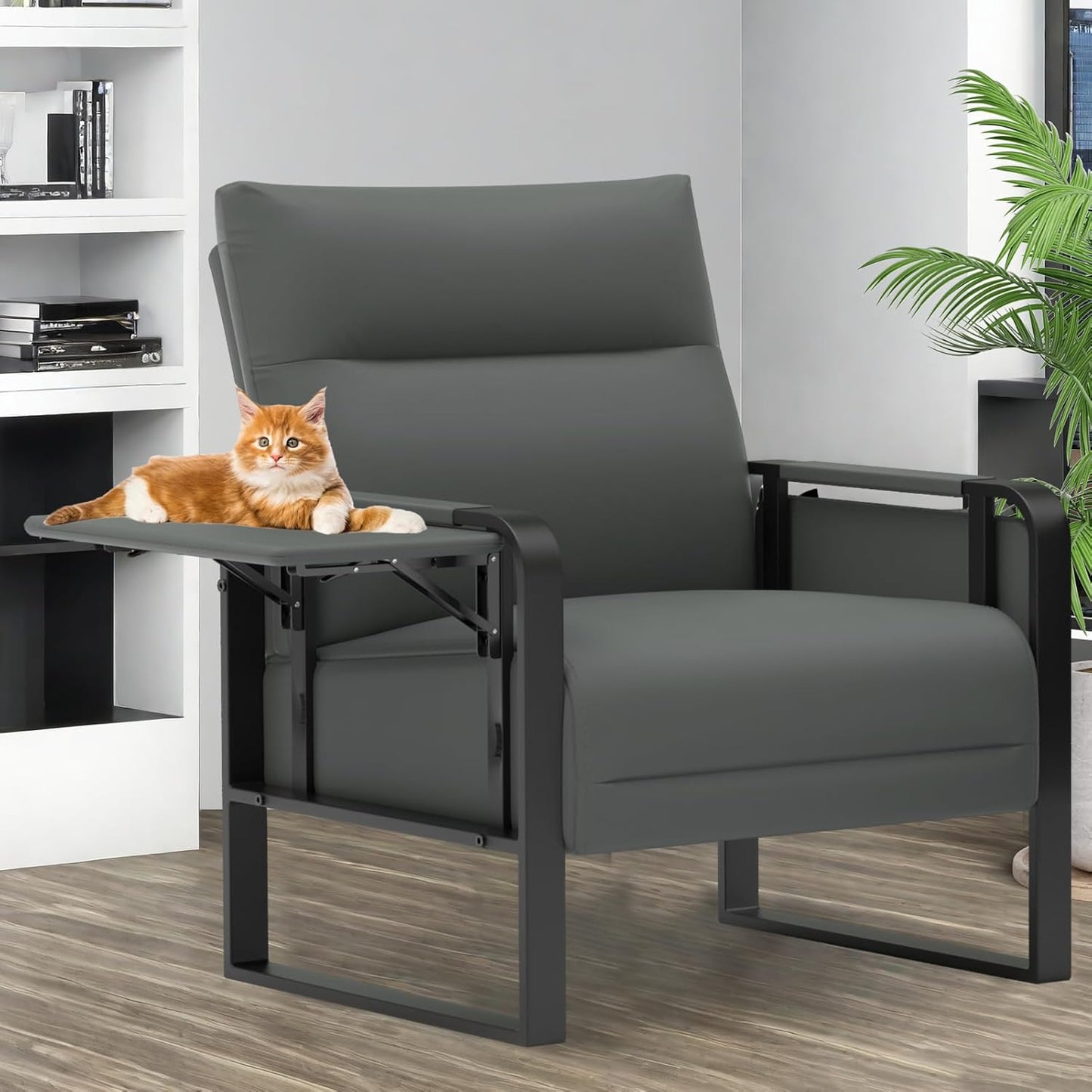 Upholstered Accent Chairs Set of 2, Faux Leather Armchair with Tray Table, Comfy Reading Chair for Living Room, Bedroom, Guest Room, Gray