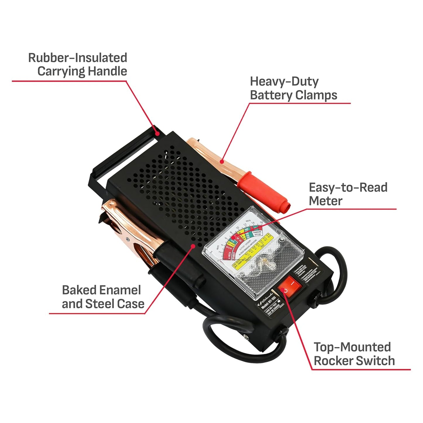 Schumacher Electric 100A Car Battery Load Tester and Voltmeter, for Batteries Up to 1000 Cranking Amps, Charging System Diagnosis, for 6V/12V Power Sport, Automotive, and Marine Batteries, BT-100