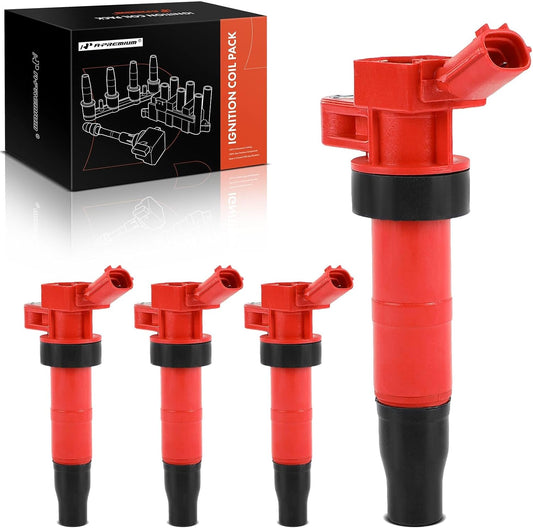 A-Premium (Red) Engine Ignition Coil Pack Compatible with Hyundai Sonata, Santa Fe Sport, Tucson, Genesis, Equus & Kia Optima, Sorento, Forte5, Forte Koup, Sportage, Borrego, K900, Rondo, 4-PC Set