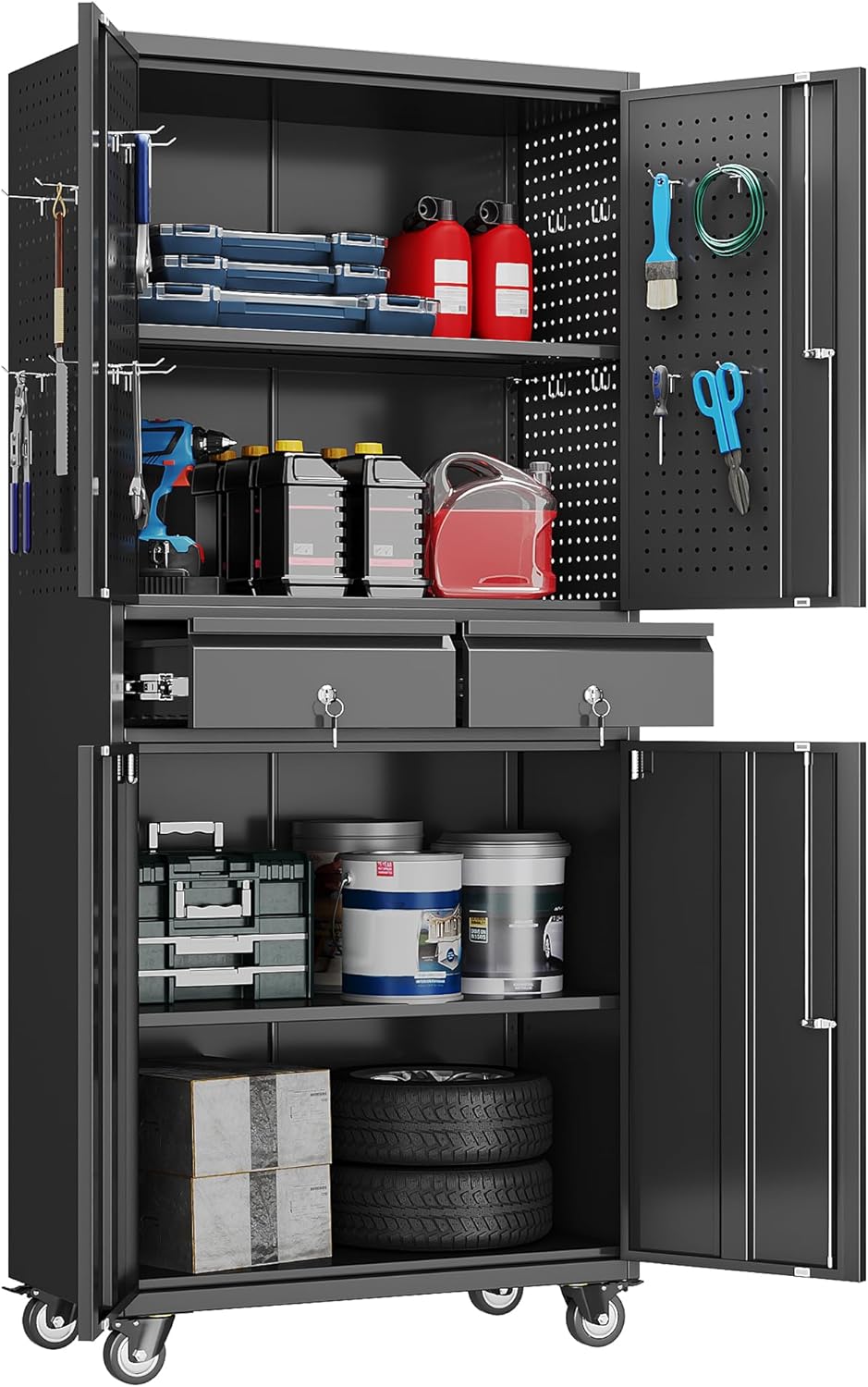 71" H Broom Storage Cabinet with Wheels and Doors,Rolling Tool Cabinet with Pegboard,Shelves and Rod for Garage Warehouse Home,Required Assembly,Black