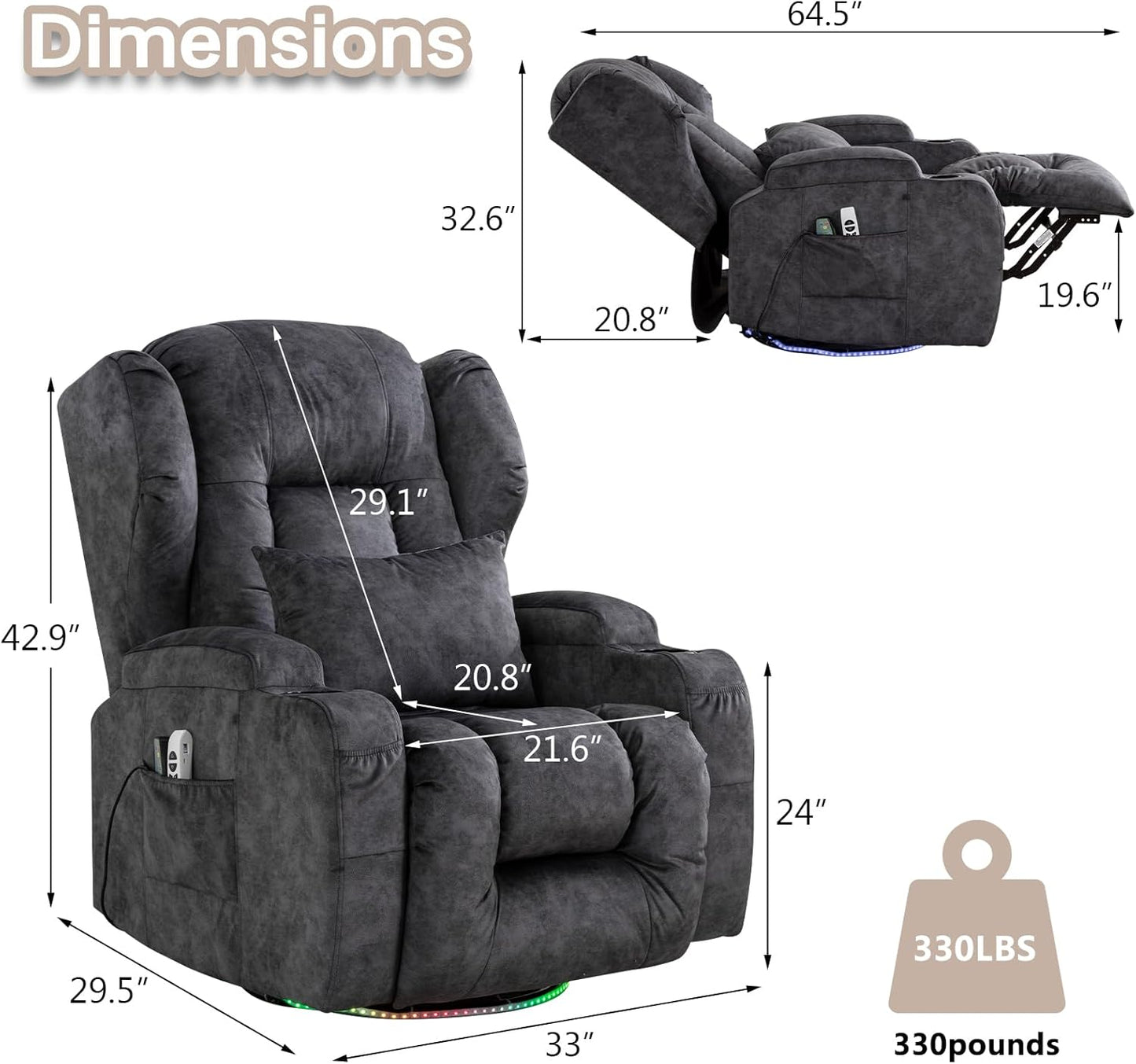 SENIFIS Velvet Grey Modern Swivel Glider Recliner Chair, 270 Rotation & 30 Rocking, Power Reclining, Massage & Heat, USB, LED Light, Cup Holder, Lumbar Pillow, Adult Living Room Chair