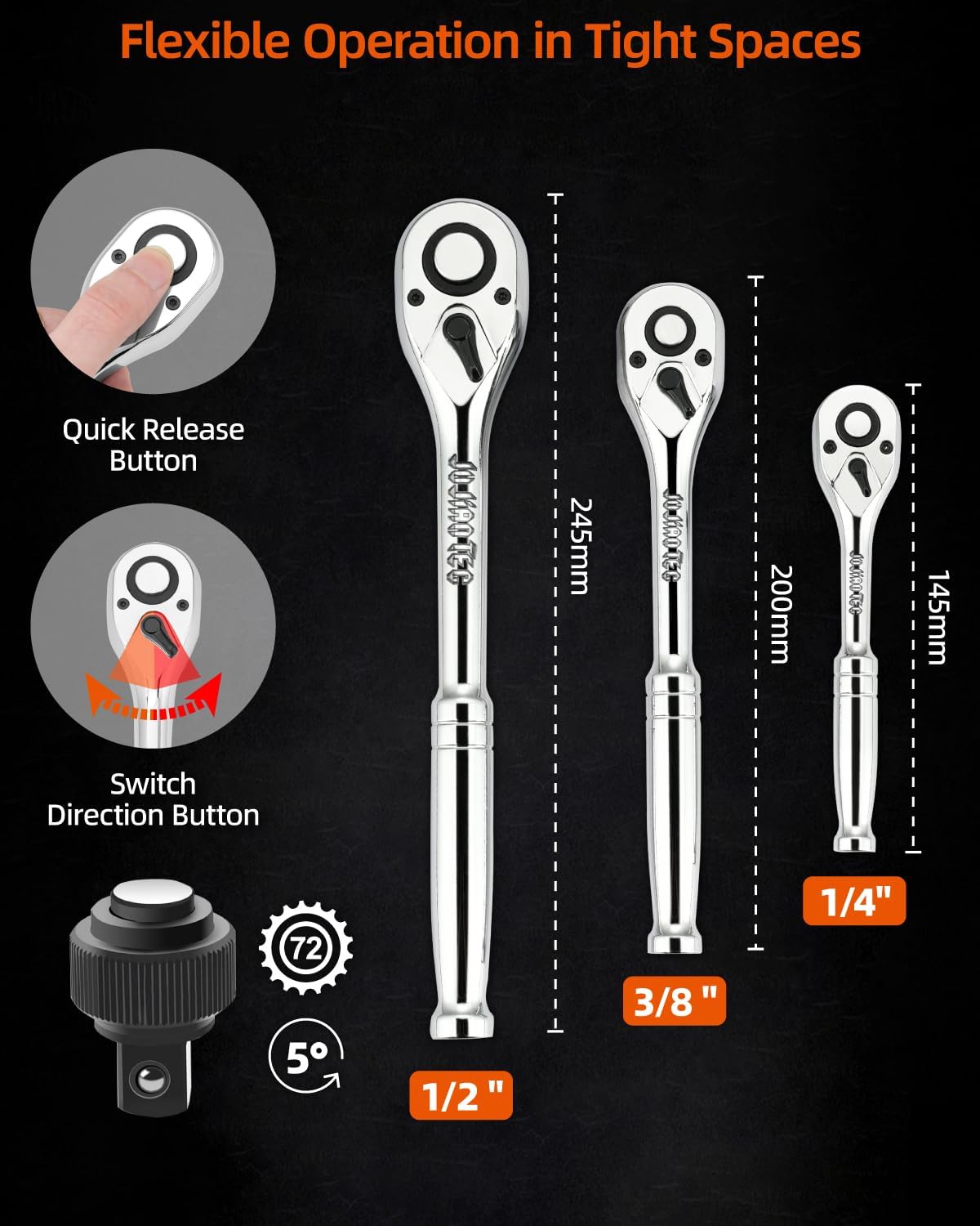 201-Piece Mechanics Tools Set, SAE & Metric Impact Socket Set, 1/2'', 1/4'', 3/8'' Drive, with Ratchet Wrench & Extension, Premium CRV Alloy Steel, with Molded Case