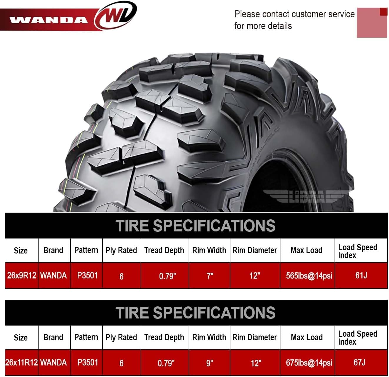WANDA Set of 4 Radial ATV Tires 26x9R12 & 26x11R12 for 2017 Polaris Ranger 1000 Crew/XP