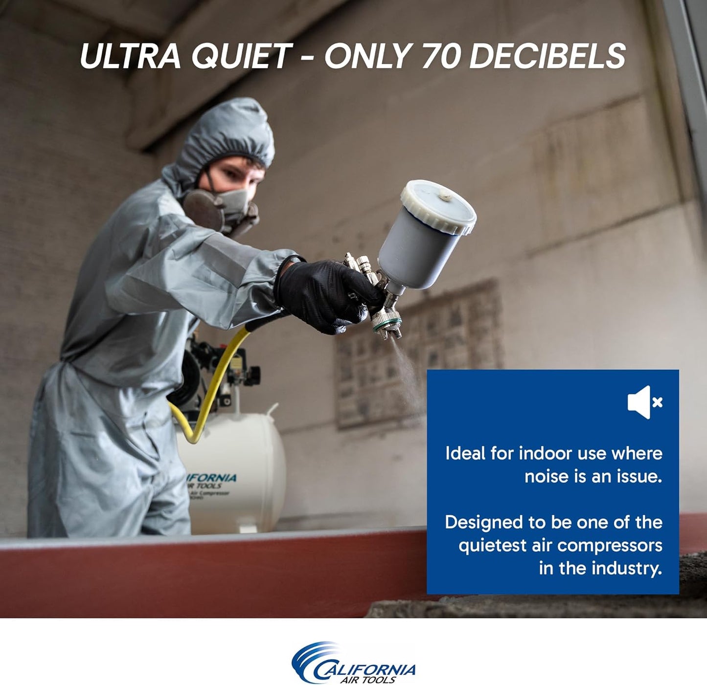 California Air Tools 10020CHAD 2.0 HP Ultra Quiet, Oil-Free Air Compressor, 10 Gallon Tank Capacity, 70 dB Noise Level, Electric, Portable, with Automatic Drain Valve