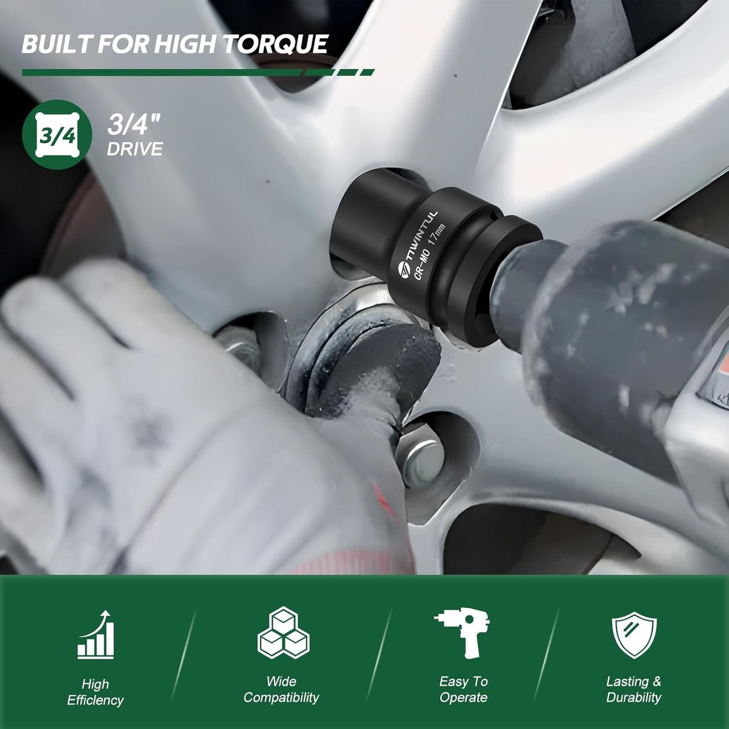 3/4 Inch Drive Impact Socket Set, 15 Pieces Heavy Duty 6-Point CR-MO Steel Impact Sockets, Metric Sizes 17-55 mm, Impact Socket Set for Auto, Truck and Large Machinery Maintenance