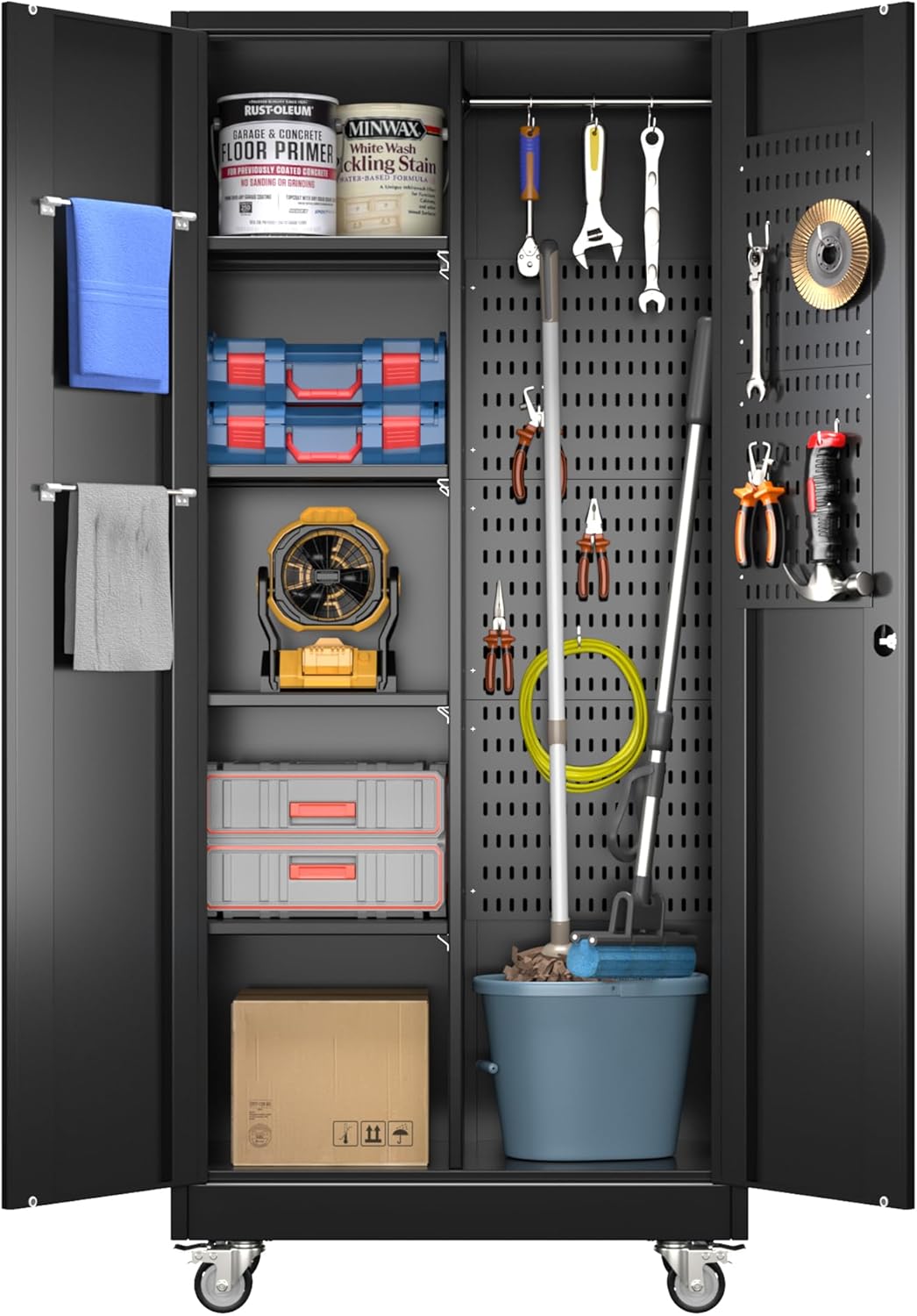 71" H Broom Storage Cabinet with Wheels and Doors,Rolling Tool Cabinet with Pegboard,Shelves and Rod for Garage Warehouse Home,Required Assembly,Black