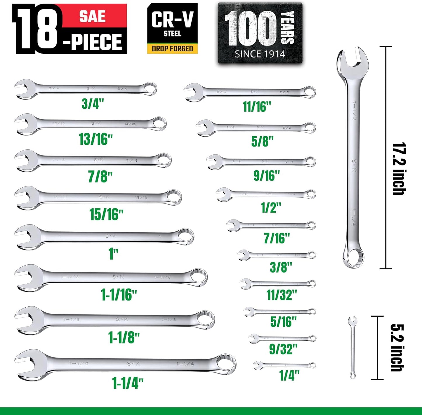 SK Combination Wrench Set, SAE 1/4" to 1-1/4", 18-Piece, SuperKrome Finish, Premium CR-V Construction, with Rolling Pouch