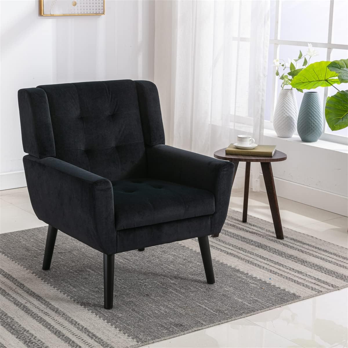 Velvet Accent Armchair,Upholstered Fabric Living Room Chair Ergonomics Chair Home Chair with Solid Black Legs,Tufted Back Decorative Chair Reading Chair for Indoor Home Living Room,Pink