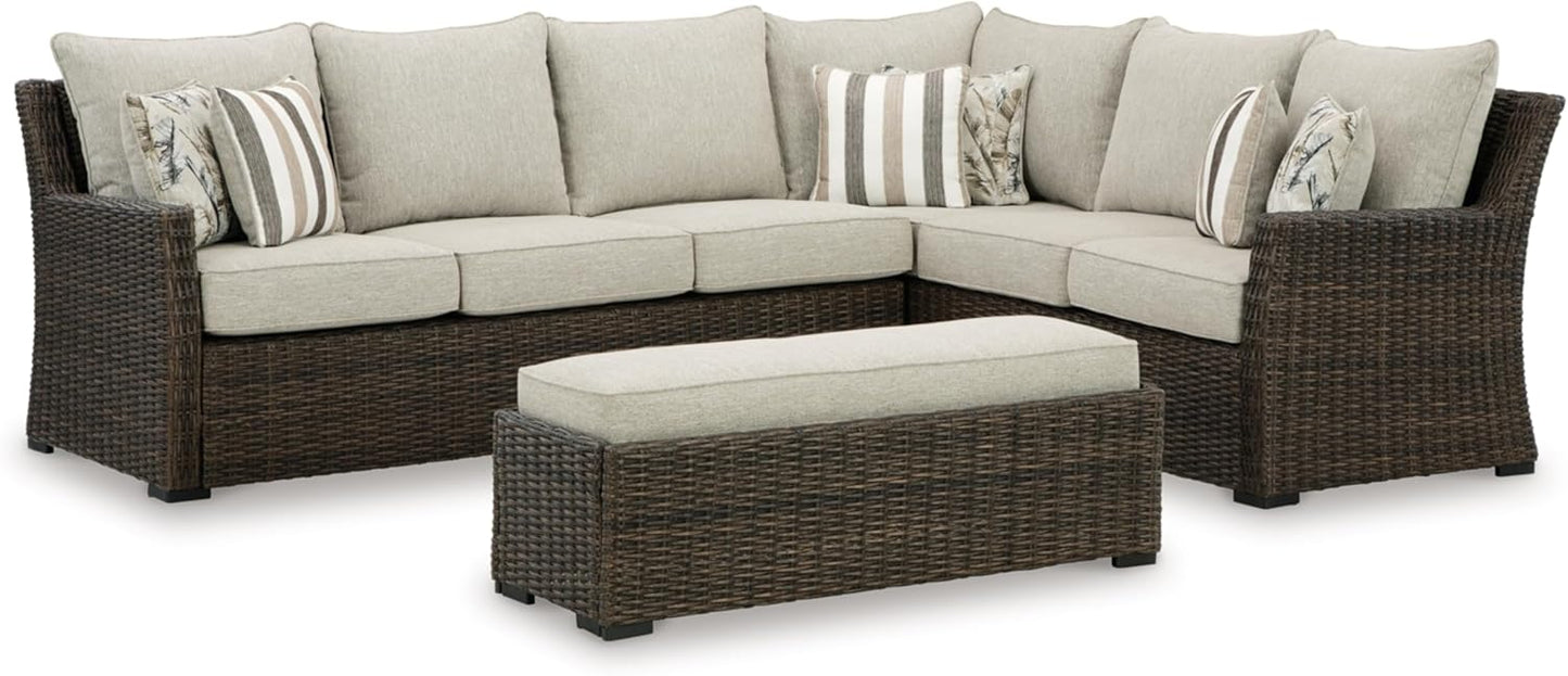 Signature Design by Ashley Brook Ranch Casual Weather Resistant Right Hand Facing Outdoor Sofa Sectional/Bench with Cushion and 6 Throw Pillows, Set of 3, Beige & Dark Brown