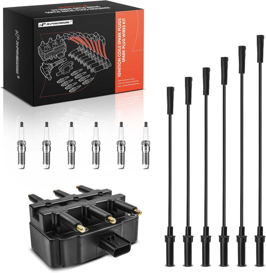 A-Premium 1 Ignition Coil with 6 Spark Plug Wires and 6 Iridium Spark Plugs Compatible with Dodge Grand Caravan 2001-2010, Caravan & Chrysler Town & Country, Pacifica, Voyager & Volkswagen Routan