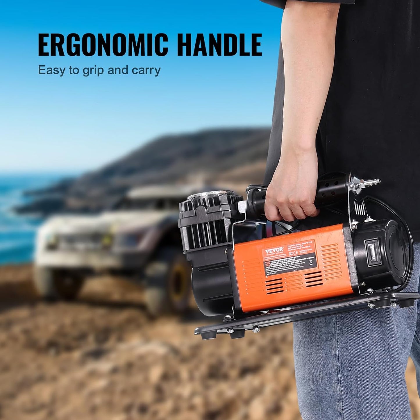 VEVOR 12V Portable Tire Inflator, 7.06CFM Heavy Duty Air Compressor, 150PSI Offroad Air Pump with Adapters for Car SUV RV Truck - Include 6.5FT Power Cord, 26FT Air Hose with Pressure Gauge, Carry Bag