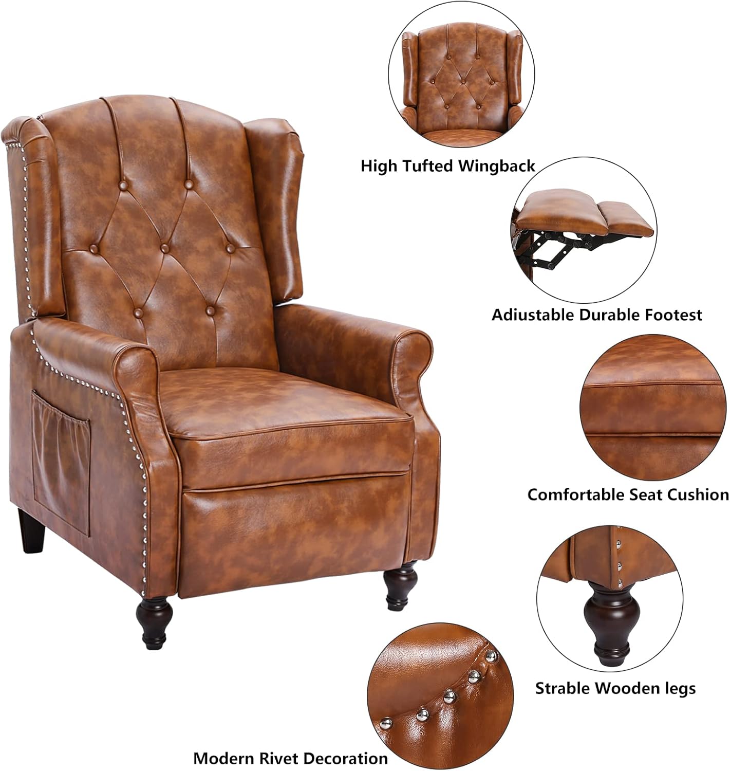 Wingback Recliner Chair, Push Back Arm Chair with Heat and Massage, PU Leather Single Sofa for Home, Living Room, Office, Bedroom(Cognac Brown,Set of 2)