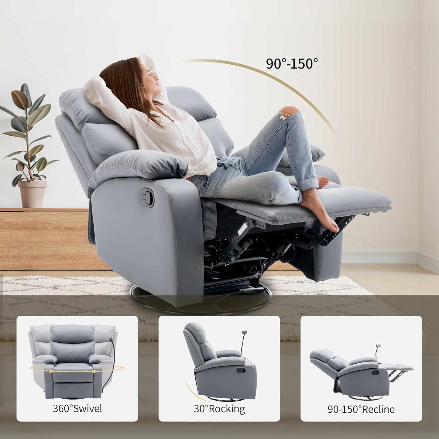 Swivel Rocker Recliner Chairs, Manual Rocking Recliner Chair for Adults, Small Recliners for Small Spaces, Single Sofa Recliner for Living Room, Nursery - Light Grey
