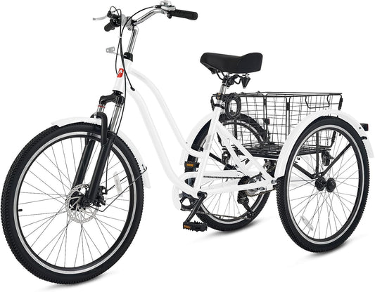 Viribus Adult Tricycle, 7 Speed Tricycle for Adults with Front Suspension and Removable Basket, 24 26 inch 3 Wheel Bike for Adults Dual Chain, Adult Trike for Men Women Seniors, 400 lb.