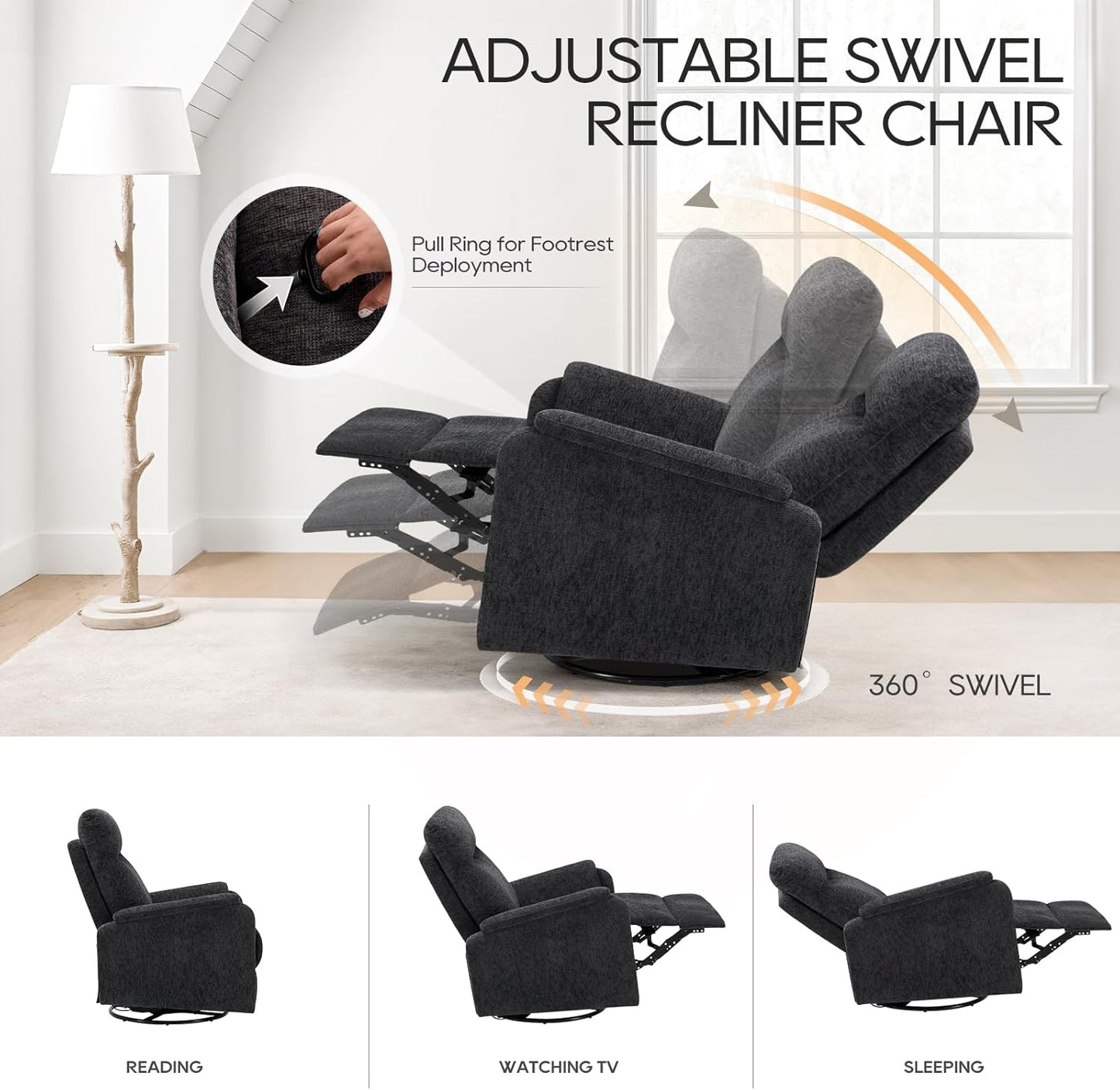 COLAMY Recliner Chair, Living Room Glider Chairs Home Theater Seat with Footrest Cushion, Swivel Adjustable Modern Bedroom Sofa Couch Chair, Darkgrey