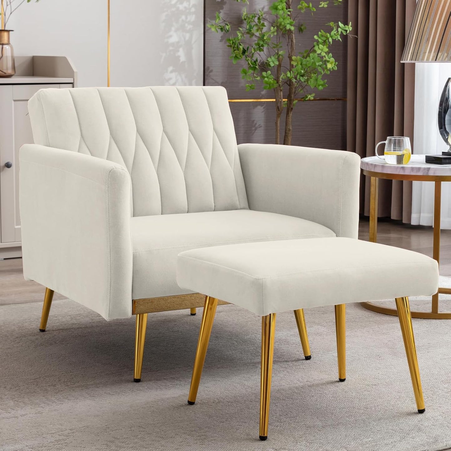 Velvet Accent Chair with Ottoman Modern Upholstered Tufted Armchair, Comfy Single Sofa Chair with Golden Metal Legs and Adjustable Arms for Living Room Bedroom Reading Room Office Pink