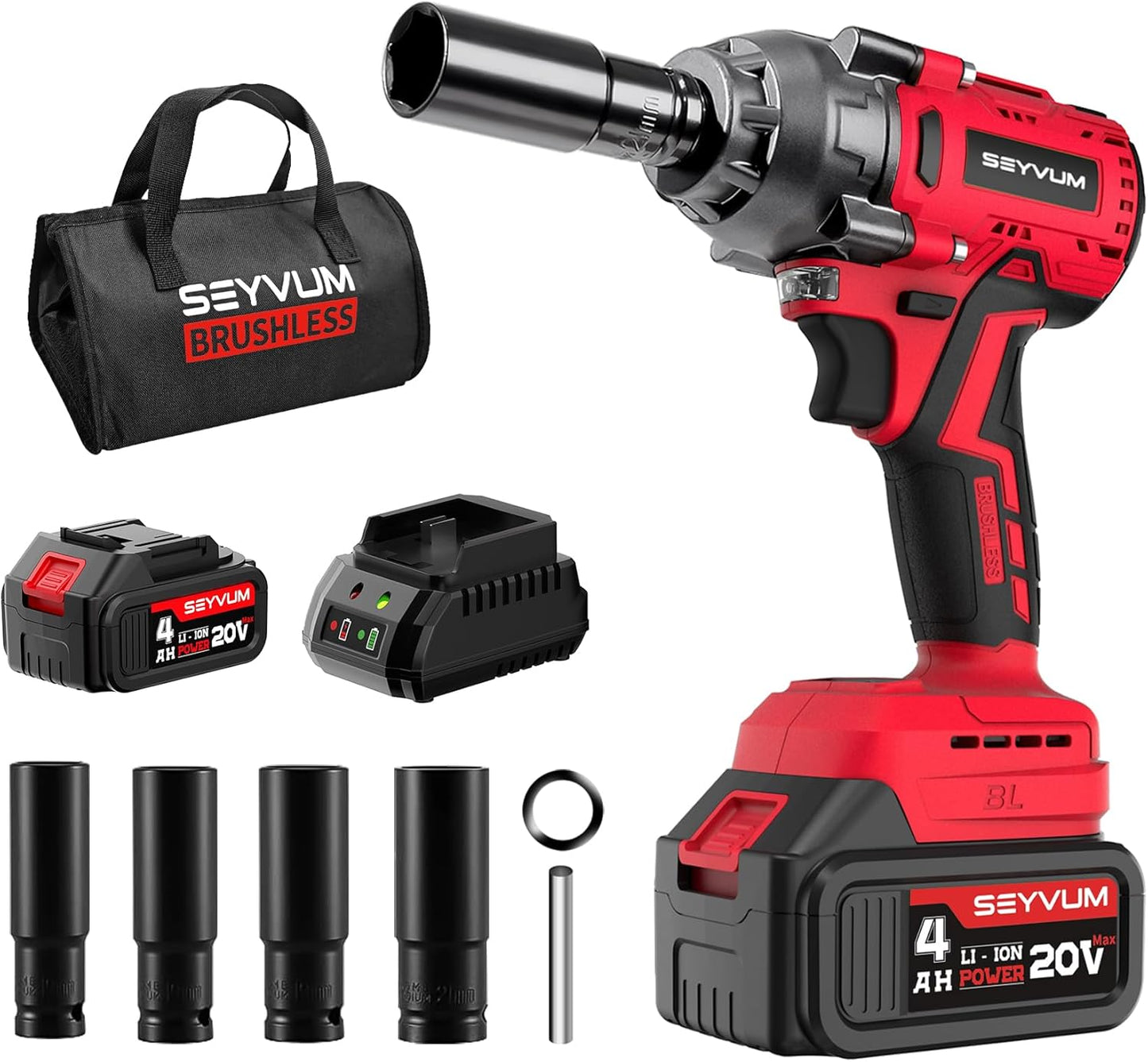 SEYVUM Impact Wrench,1/2" Impact Gun, Power Impact Driver Max Torque 320 Ft-lbs (430N.m), Cordless Impact Wrench with 20V Brushless Motor, 4.0Ah Li-ion Battery with Fast Charger, 4 Pcs Impact Sockets