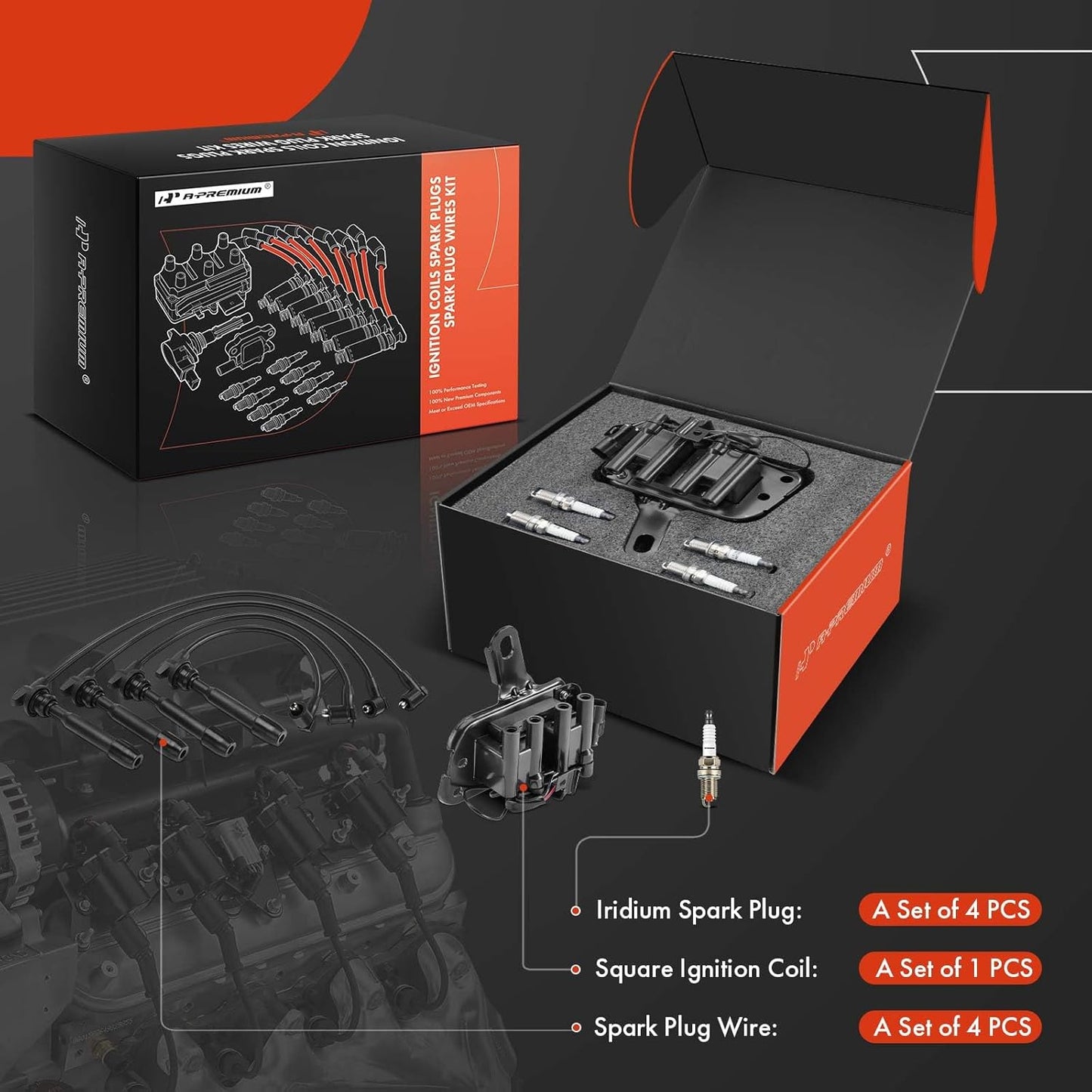 A-Premium 1 Ignition Coils with 4 Wire and 4 Iridium Spark Plugs Compatible with Hyundai Elantra 1996-2000, Tiburon 1997-2001, 1.8L 2.0L