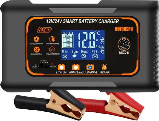 20 Amp Smart Battery Charger for Lifepo4 Lithium AGM Gel Batteries - 12V/20A and 24V/10A Trickle Charger, Maintainer for Boat, Motorcycle, Lawn Mower, Golf Cart