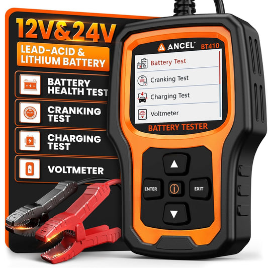 ANCEL BT410 12V/24V Car Battery Tester for Lead-Acid & Lithium Batteries 100-2000 CCA Automotive Battery Analyzer Health Cranking Charging Test for Car, Truck, SUV, RV, Boat