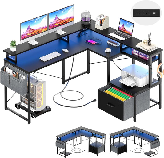 Unikito L Shaped Desk with File Drawer, Reversible L Shaped Computer Desk with Power Outlet & LED Lights, Home Office Desk Corner Desk with Monitor Shelf and Printer Cabinet, Gaming Desk, Black