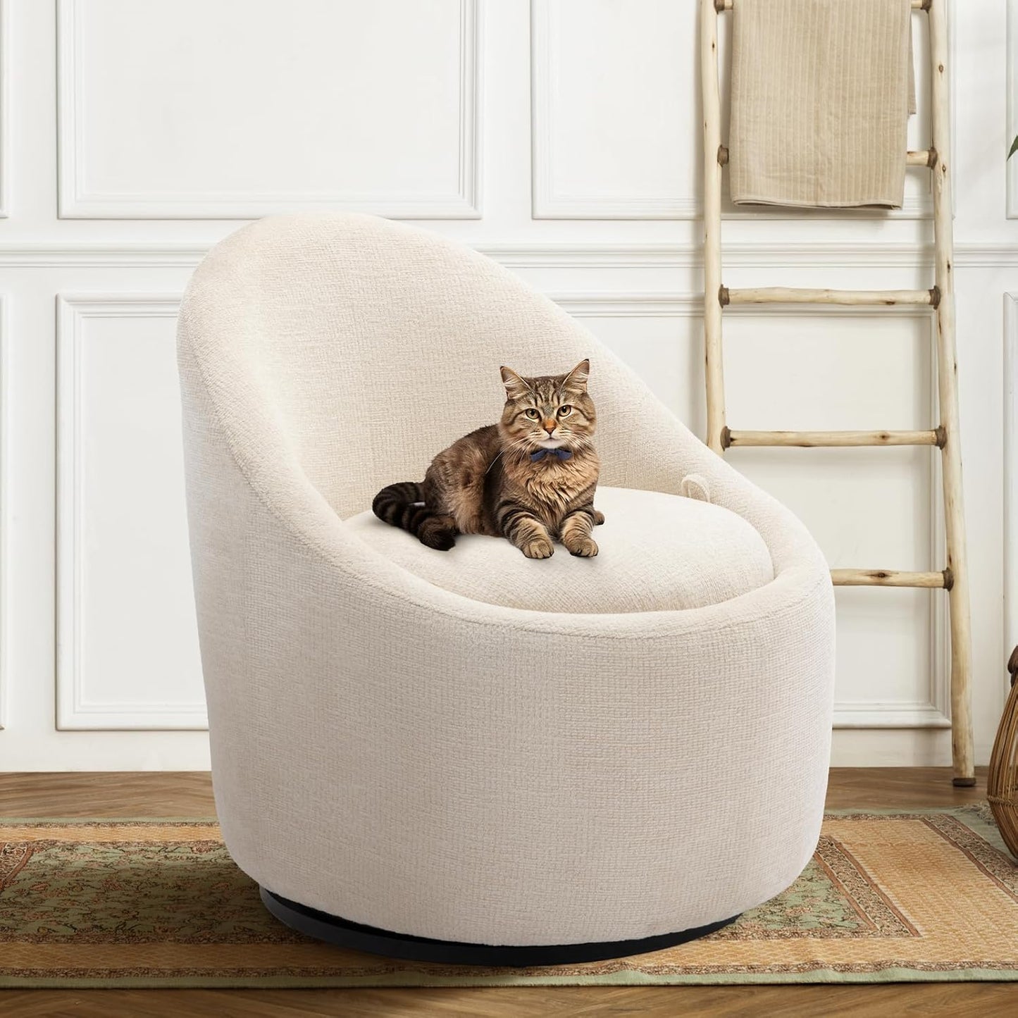 COLAMY 360° Swivel Accent Chair, Mid-Century Modern Chair with Hidden Storge, Small Swivel Chair with Arms for Living Room/Office-Beige